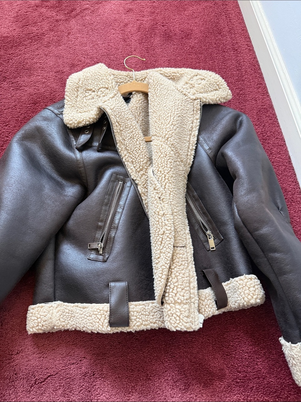 Forever 21 Cream Sherpa Jacket with Brown Trim
